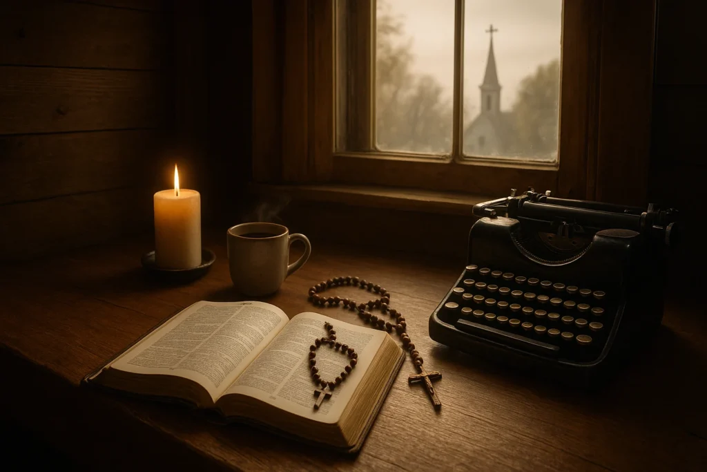A wooden writing desk with a notebook, candle, crucifix, and rosary—symbolizing Catholic fiction, faith, and reflection