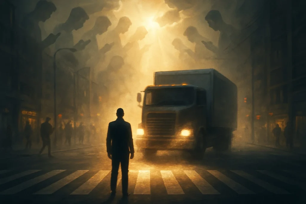 Silhouette of a man at a crosswalk with a speeding truck approaching, symbolizing distraction and redemption.