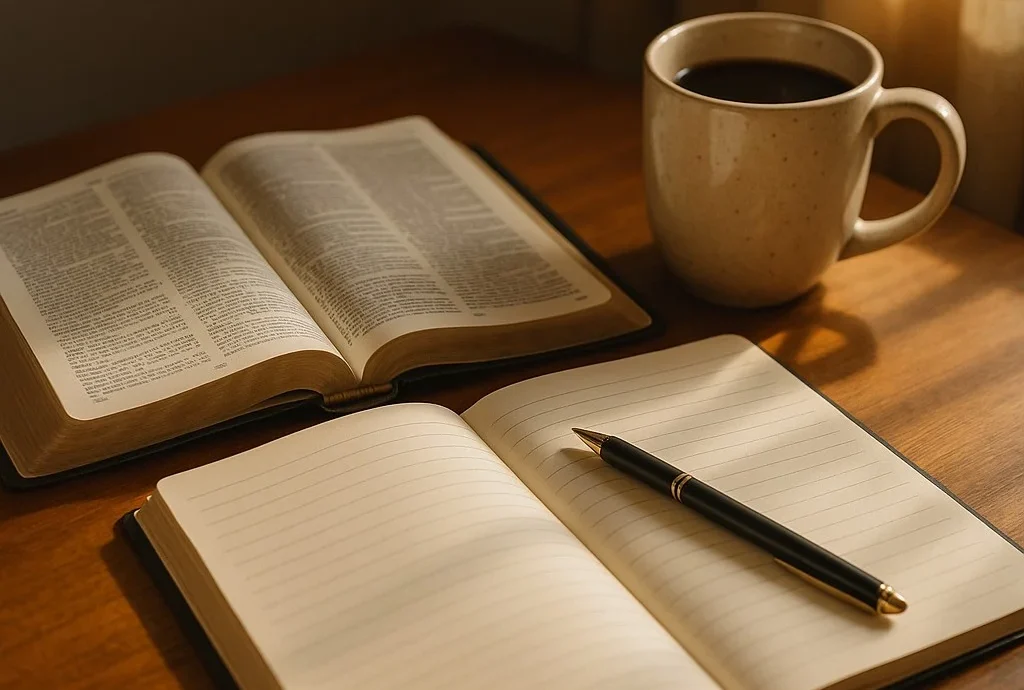 Writing desk with an open Bible, a notebook, a pen, and a cup of coffee, symbolizing faith-based storytelling.