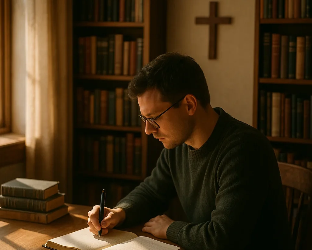 Writer at a wooden desk, illuminated by sunlight, with an open notebook, surrounded by books and a cross on the wall.