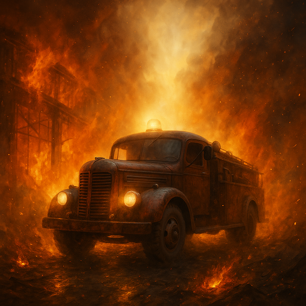 A vintage fire truck driving through intense flames, symbolizing unwavering faith and trust in God amidst life’s challenge