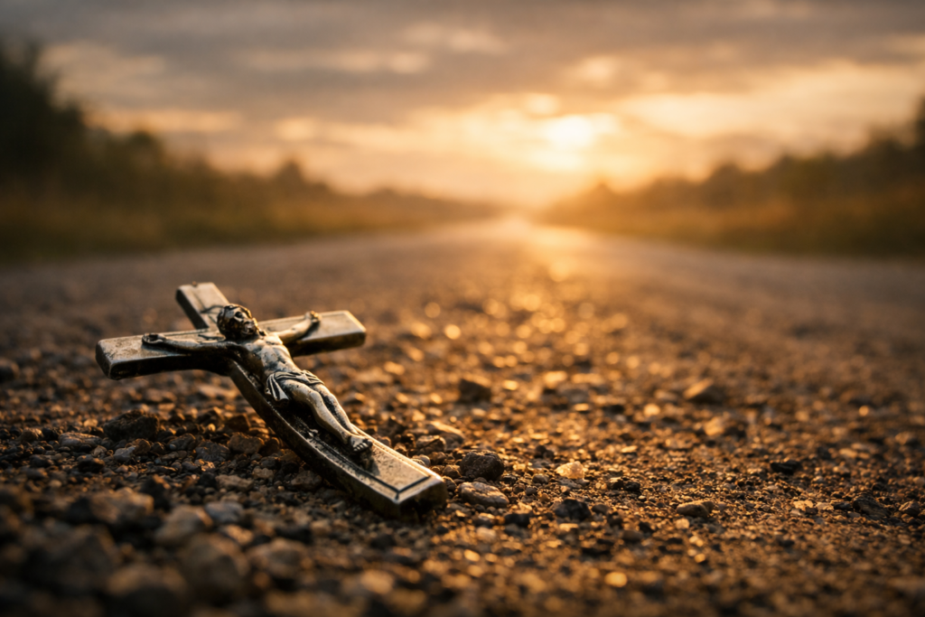 Bent crucifix resting on a gravel road symbolizing Catholic faith, suffering, and redemption