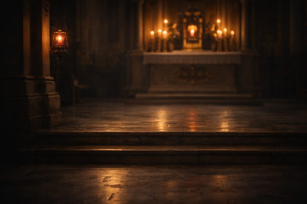 Wooden church pew in soft dawn light, symbolizing Catholic courtship rooted in patience, prayer, and enduring grace.