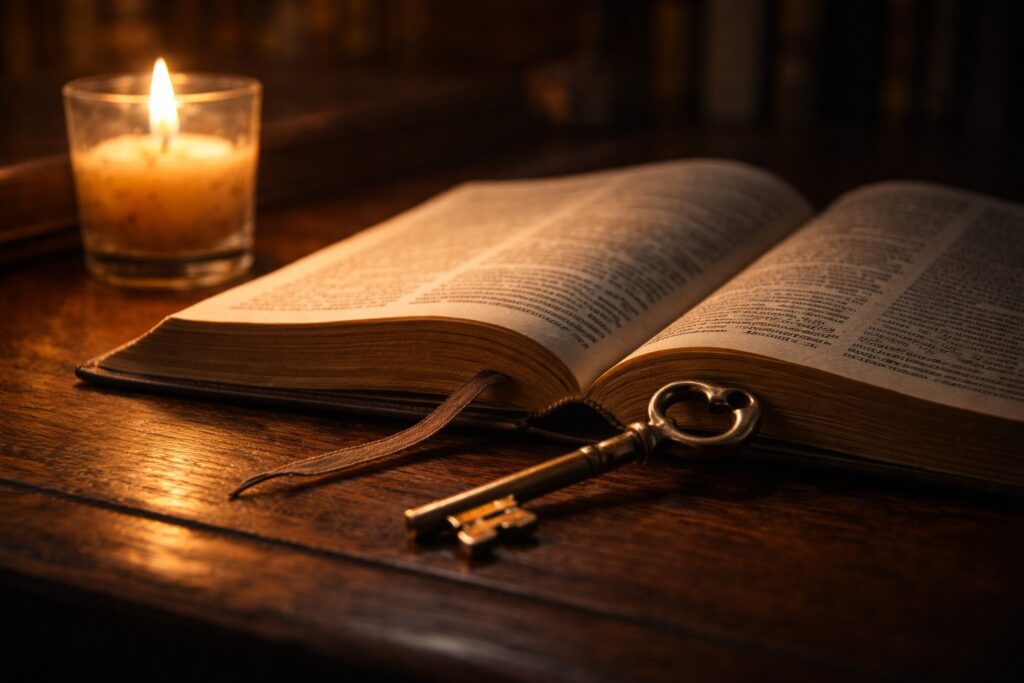 Brass key beside an open Bible on a writing desk, symbolizing conscience opening through Catholic storytelling rooted in Scripture.
