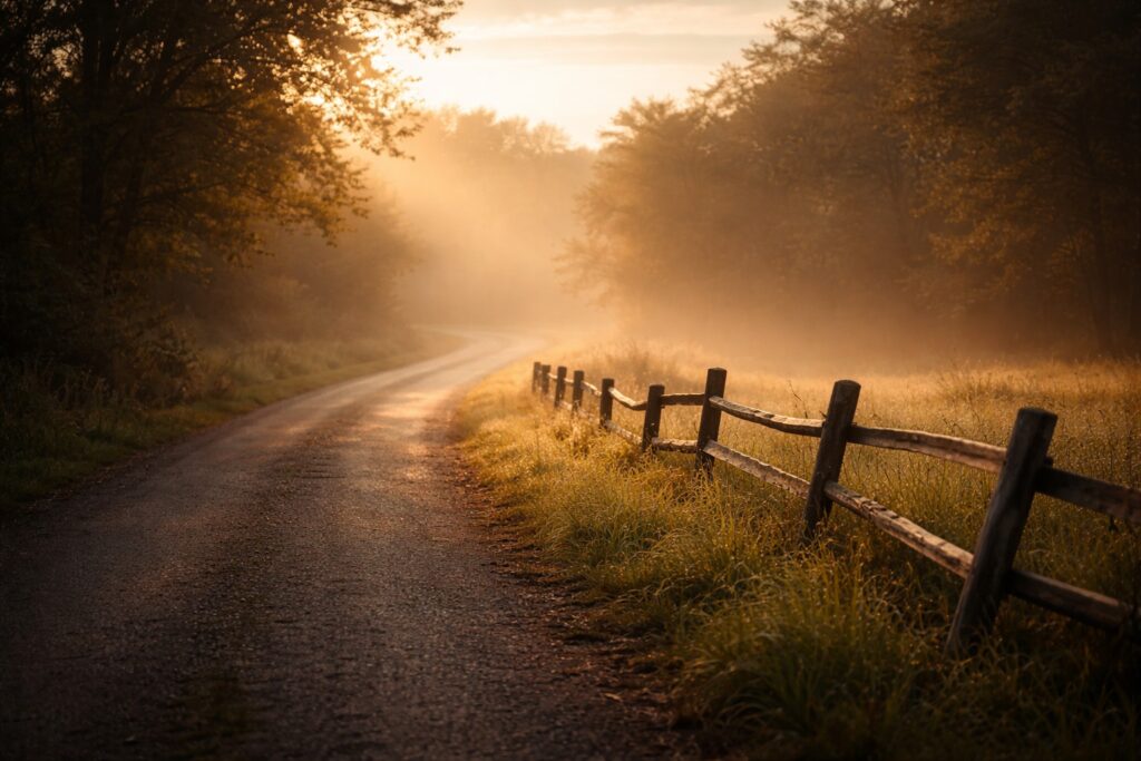 Quiet rural road at dawn with a slightly bent wooden fence, symbolizing faith, perseverance, and hope after failure.