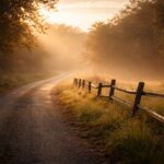 Quiet rural road at dawn with a slightly bent wooden fence, symbolizing faith, perseverance, and hope after failure.
