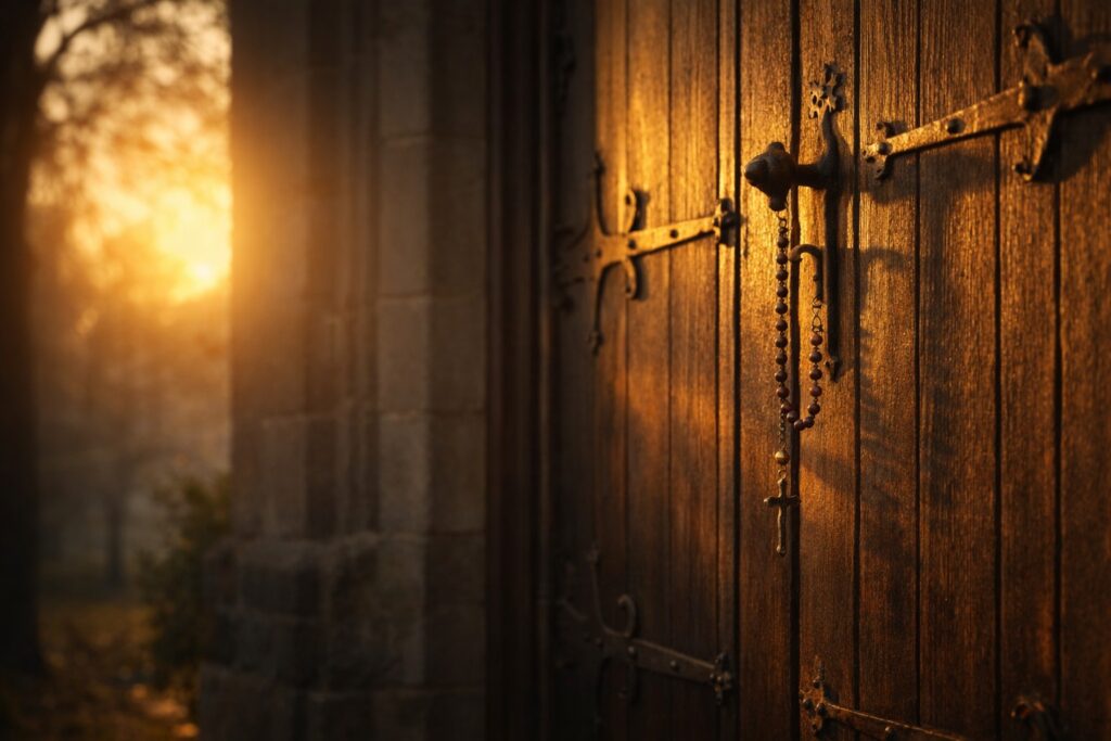Sunlit church door with a rosary on the handle, symbolizing heaven’s guardianship, grace awaiting the key, and hope that opens what shame tries to close.