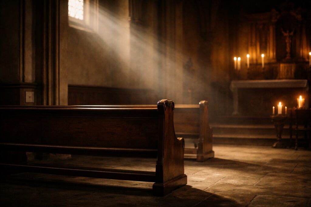Quiet Catholic church interior with wooden pews and soft light, symbolizing hidden shame, humility, and God’s gentle mercy.
