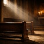 Quiet Catholic church interior with wooden pews and soft light, symbolizing hidden shame, humility, and God’s gentle mercy.