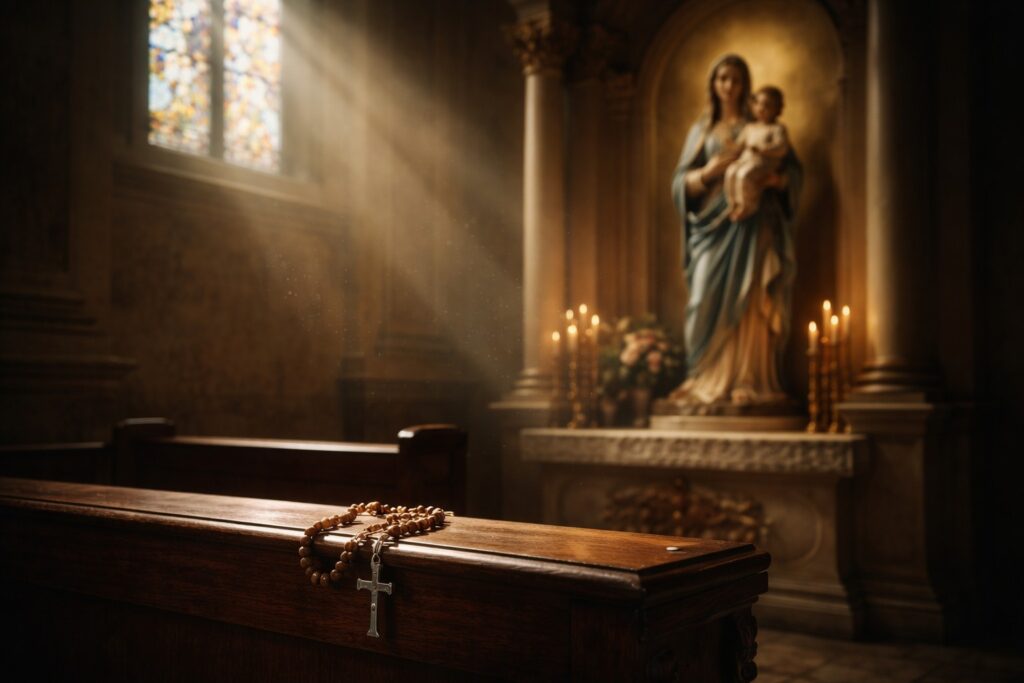 Rosary resting on a church pew near a statue of Mary and Child Jesus, symbolizing Scripture-centered prayer and contemplation of the Gospel.