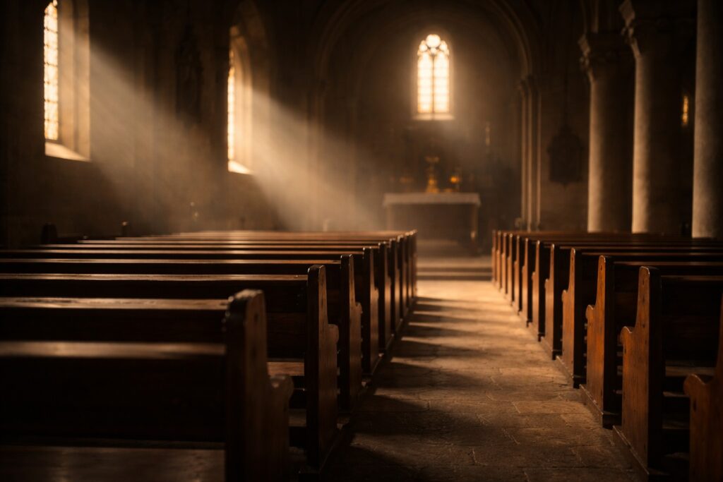 Quiet Catholic church interior with wooden pews and soft morning light, symbolizing faithfulness, endurance, and the slow growth of holiness.