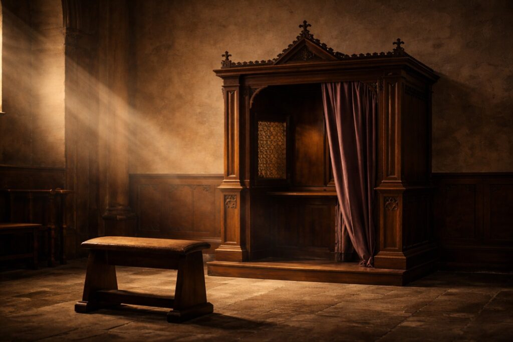 Traditional Catholic confessional inside a church, softly lit, symbolizing repentance, mercy, and the quiet healing of the Sacrament of Confession.