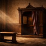 Traditional Catholic confessional inside a church, softly lit, symbolizing repentance, mercy, and the quiet healing of the Sacrament of Confession.